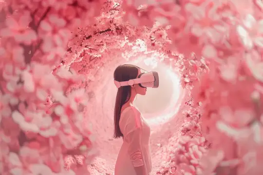 Девушка в VR-очках среди цветущих розовых деревьев