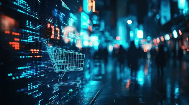 Неоновая тележка для покупок на фоне ночного города