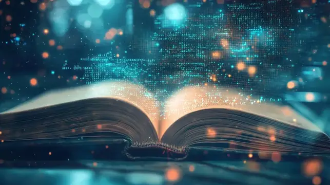 Раскрытая книга с цифровыми частицами и светящимися огнями