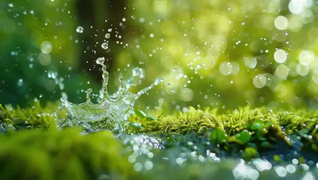 Капли воды разлетаются брызгами над зелёным мхом