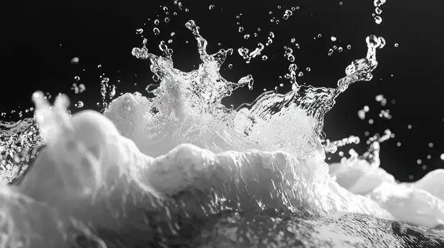 Волна воды разбивается брызгами на чёрном фоне