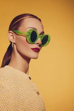 Модная женщина в зеленых солнцезащитных очках и желтом свитере стоит на фоне желтого задника