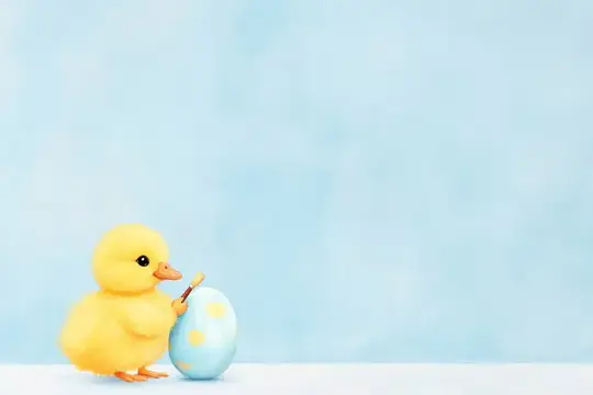 Желтый цыпленок раскрашивает пасхальное яйцо кисточкой