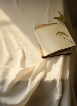 Открытая книга с веточкой на светлой ткани в лучах солнца