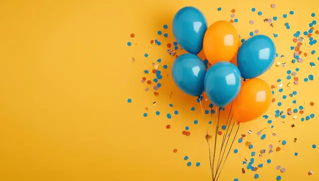 Яркие синие и оранжевые воздушные шары с конфетти на веселом желтом фоне, идеально подходят для праздничных мероприятий, таких как дни рождения, годовщины и торжества, вызывающие радость и волнение