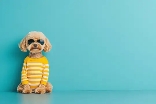 Кудрявый пёс в жёлтой полосатой кофте и солнечных очках на бирюзовом фоне