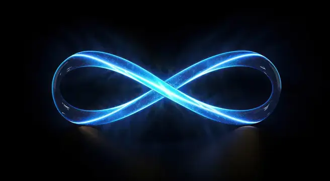 3D-рендер светящегося синего знака бесконечности на чёрном фоне