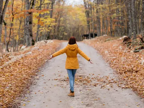 Женщина в жёлтой куртке гуляет по осеннему лесу