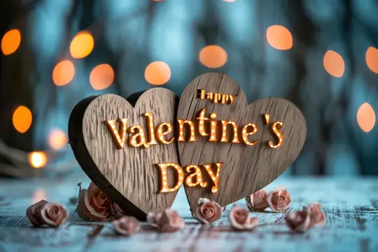 Деревянное сердце с надписью Happy Valentine's Day среди роз