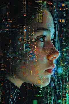Футуристическая женщина-бизнесмен с голографическим интерфейсом и синим абстрактным фоном