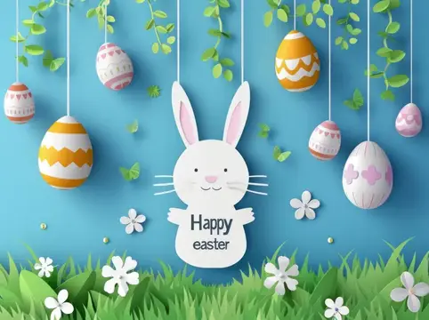 Белый пасхальный кролик с надписью Happy Easter на синем фоне