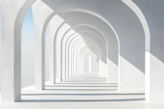 3D-рендер белых арок с длинной лестницей в светлом коридоре