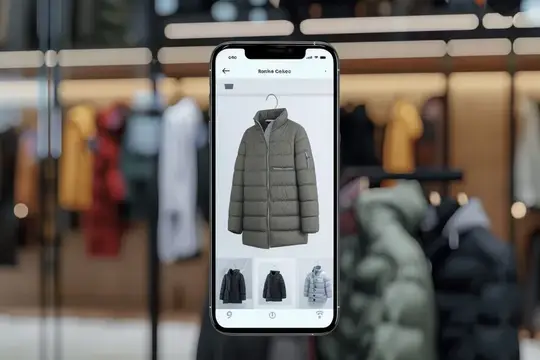 Смартфон с онлайн-каталогом курток на фоне витрины магазина