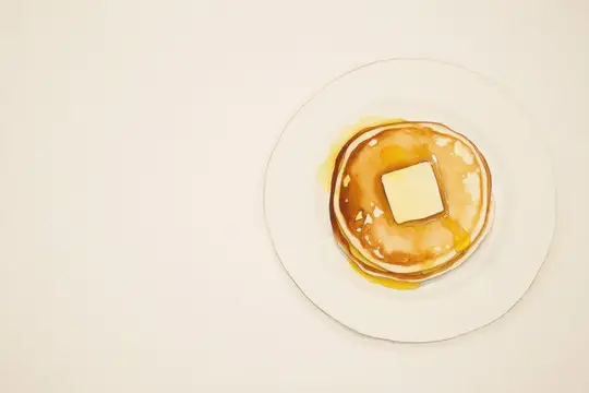 Акварельный рисунок блина с кусочком масла на белой тарелке