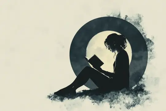 Безмятежный силуэт женщины, погруженной в книгу, на фоне лунного света, вызывающий чувства спокойствия и созерцания, идеально подходит для концепций отдыха и чтения