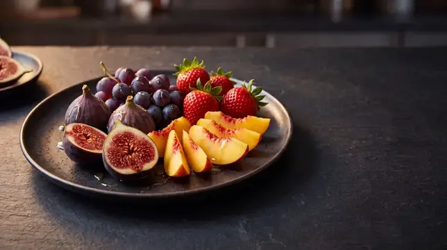 Натюрморт с инжиром, виноградом, клубникой и персиками на тёмной тарелке
