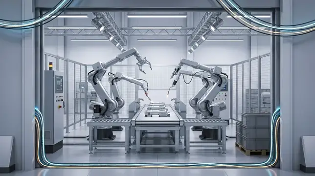 3D-рендер автоматизированной линии с роботизированными манипуляторами на заводе