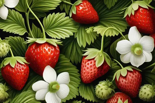 Сочная клубника и зеленые листья на фоне спелых ягод