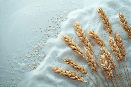 Колосья пшеницы лежат на белой муке с рассыпанными зёрнами