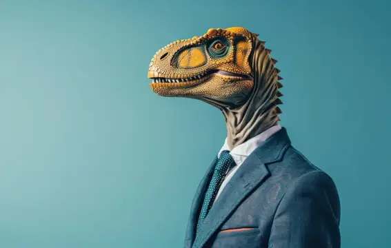 3D-рендер динозавра в деловом костюме на бирюзовом фоне