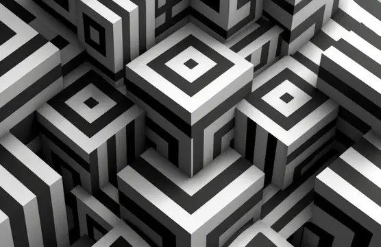 3D-рендер геометрического лабиринта из чёрно-белых кубов