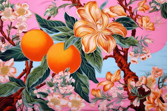 Обои, украшение, цветение, еда, оранжевый, бесшовные, цветы, флористический фон, текстура, ткань, дизайн, фон, узор, природа, сад, фрукты, растение, лето, искусство, лист, весна, иллюстрация, винтаж