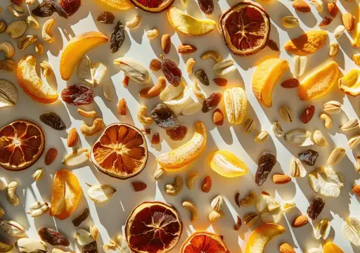 Сушеные фрукты, орехи и семечки на светлом фоне