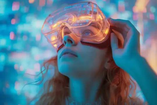 Рыжеволосая девушка в светящихся VR-очках смотрит вверх