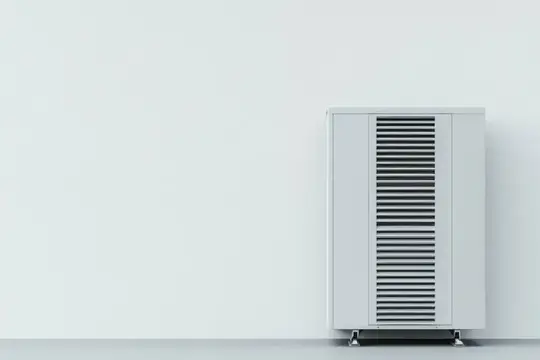 Белый напольный конвектор стоит у светлой стены