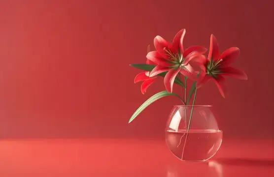 3D-рендер с красными лилиями в круглой вазе на красном фоне