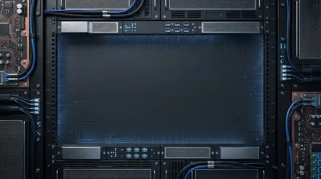 3D-рендер тёмного экрана в серверной стойке с проводами