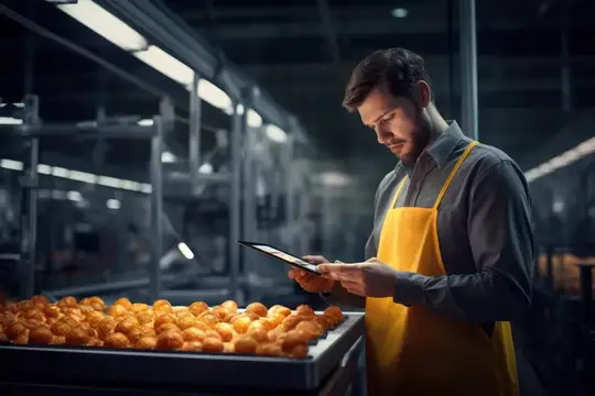 Мужчина в оранжевом фартуке проверяет продукцию на заводе
