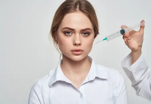 Молодая женщина-врач держит шприц с инъекцией