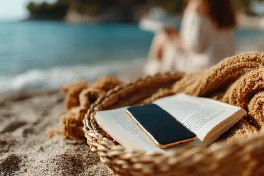 Смартфон на раскрытой книге в плетёной сумке на песке у моря