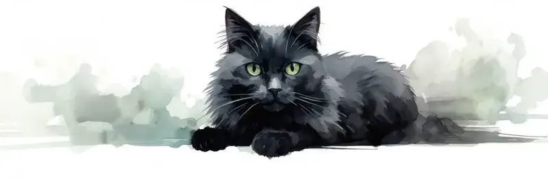 Акварельная иллюстрация пушистого чёрного кота с зелёными глазами