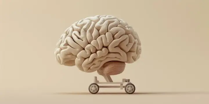 3D-рендер мозг на игрушечной машинке на бежевом фоне