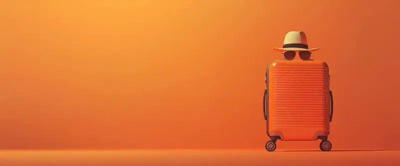 Оранжевый чемодан в шляпе и солнцезащитных очках на однотонном фоне
