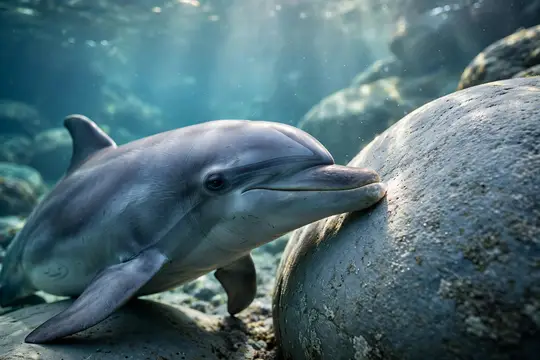 Дельфин трется носом о большой камень под водой