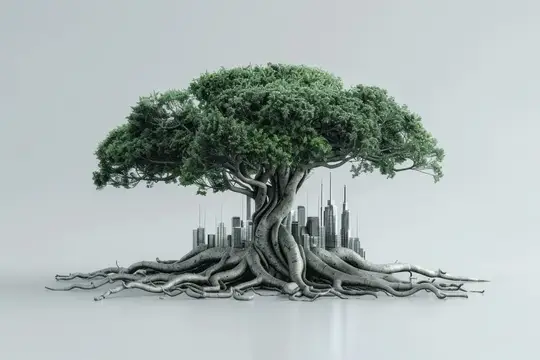 3D-рендер могучего дерева с раскидистой кроной и мощными корнями