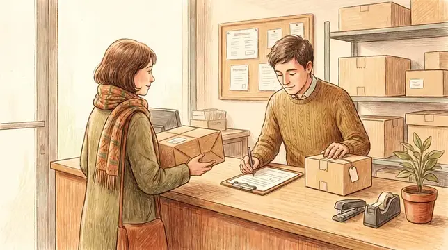 Сцена, выполненная цветными карандашами, изображающая стойку возврата в службе поддержки клиентов с посылкой, бланками и коробкой для замены; подходит для контента об электронной коммерции