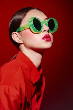 Азиатская девушка в зелёных очках на красном фоне
