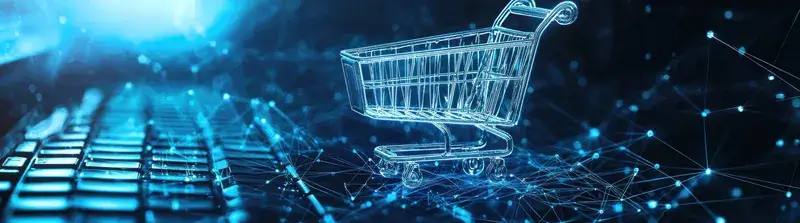 3D-рендер прозрачной корзины над клавиатурой в синих тонах