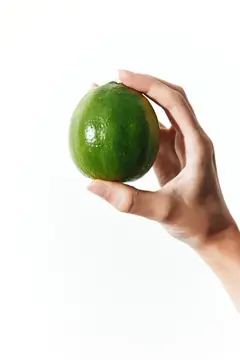 Рука держит спелый зелёный лайм на белом фоне