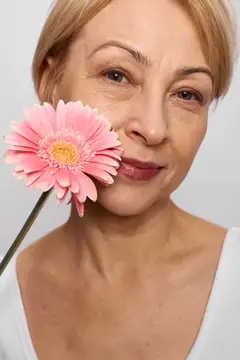 Светловолосая женщина с розовой герберой у лица