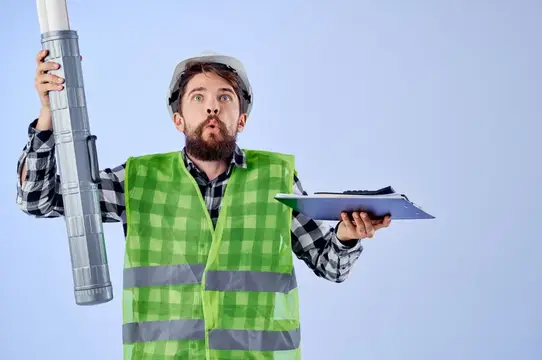 Удивлённый бородатый строитель в зелёном жилете с трубой и планшетом