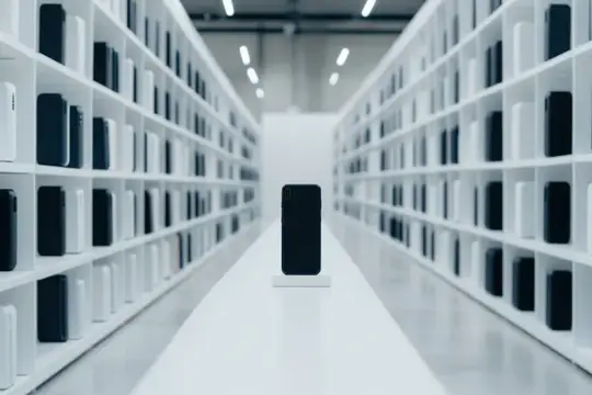 3D-рендер смартфона в белом выставочном зале среди стеллажей