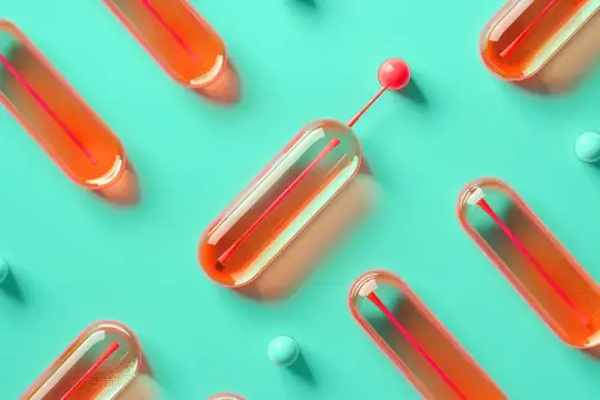 3D-рендер с оранжевыми капсулами и красными шариками на бирюзовом фоне