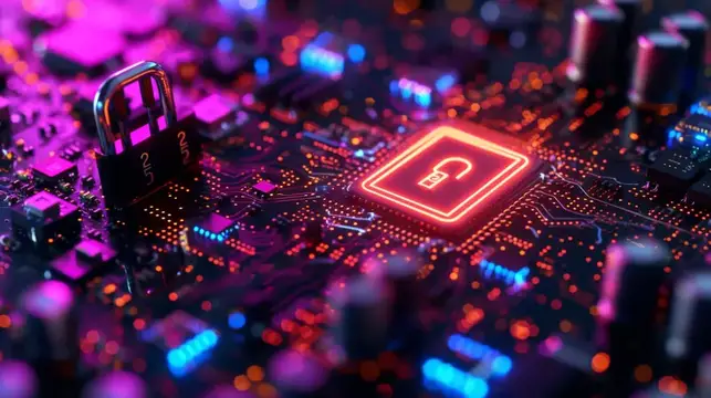 3D-рендер с замком и светящейся иконкой на плате
