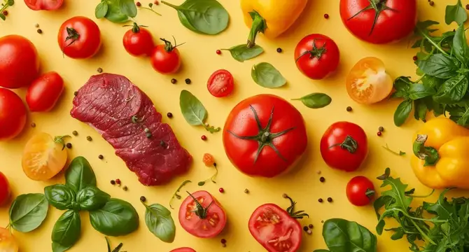 Ассорти из свежих сырых овощей и мясных ингредиентов на ярком жёлтом фоне, вид сверху, плоская композиция