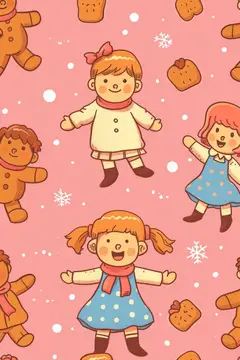 Праздничный рождественский бесшовный узор с детьми и пряниками на розовом фоне, векторная иллюстрация